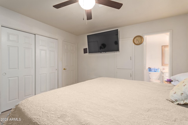 bedroom with ensuite bath and ceiling fan