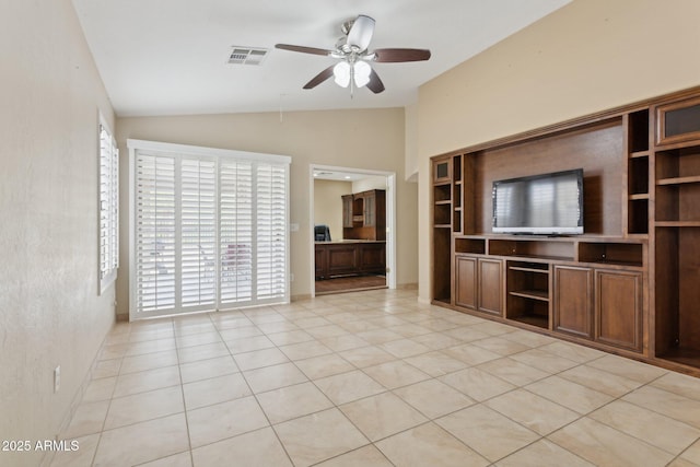 4718 E Woburn Ln, Cave Creek, AZ 85331 - unfurnished living room with vaulted ceiling, ceiling fan, and light tile patterned floors