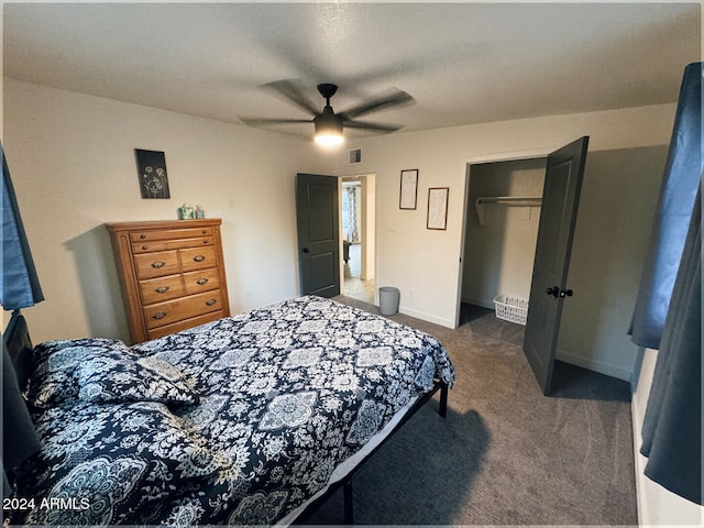 carpeted bedroom featuring ceiling fan and a closet