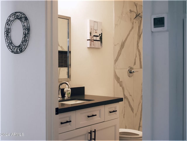 bathroom featuring toilet, vanity, and walk in shower