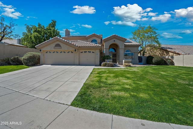 mediterranean / spanish-style house featuring an attached garage, stucco siding, a front lawn, and a tiled roof