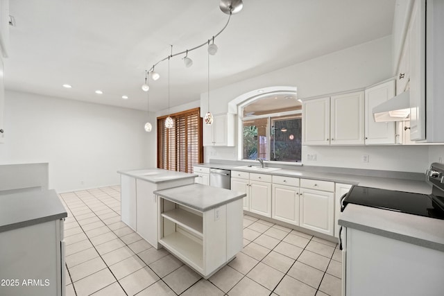 kitchen with black range with electric cooktop, white cabinetry, ventilation hood, stainless steel dishwasher, and a center island