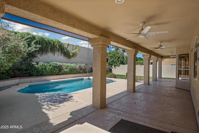 view of pool featuring a ceiling fan, a fenced in pool, a patio area, and a fenced backyard