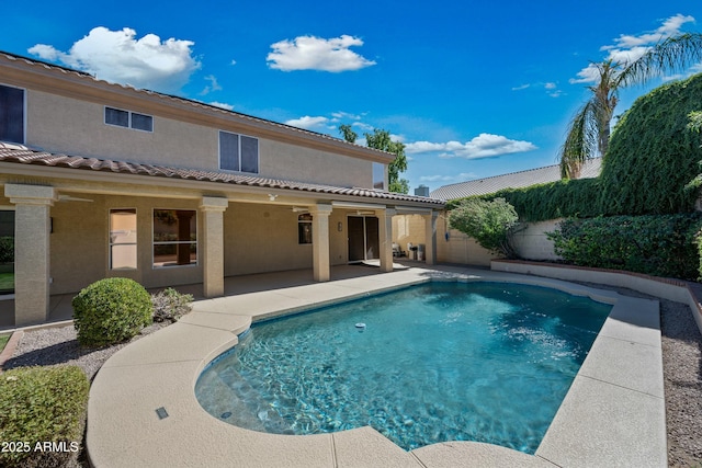 view of swimming pool featuring a patio area, fence, and a fenced in pool