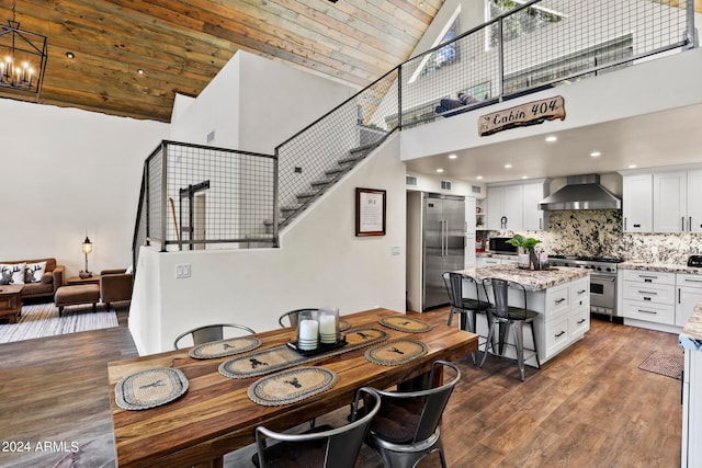 dining space with an inviting chandelier, a high ceiling, dark hardwood / wood-style floors, and wooden ceiling