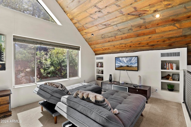 living room with built in shelves, vaulted ceiling, light colored carpet, and wooden ceiling