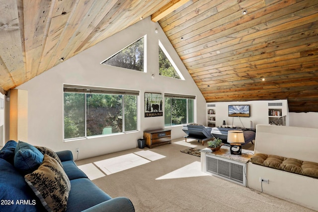 living room featuring light carpet, beam ceiling, high vaulted ceiling, and wooden ceiling