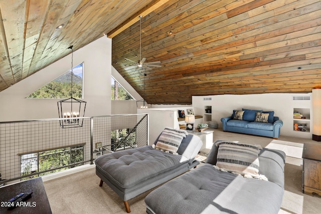 carpeted bedroom featuring wood ceiling, a chandelier, multiple windows, and high vaulted ceiling