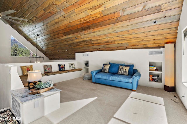 carpeted living room with wood ceiling, vaulted ceiling, and ceiling fan