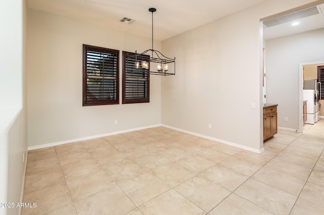 unfurnished dining area with light tile patterned flooring and a chandelier