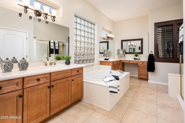 bathroom with tile patterned flooring, vanity, shower with separate bathtub, and an inviting chandelier