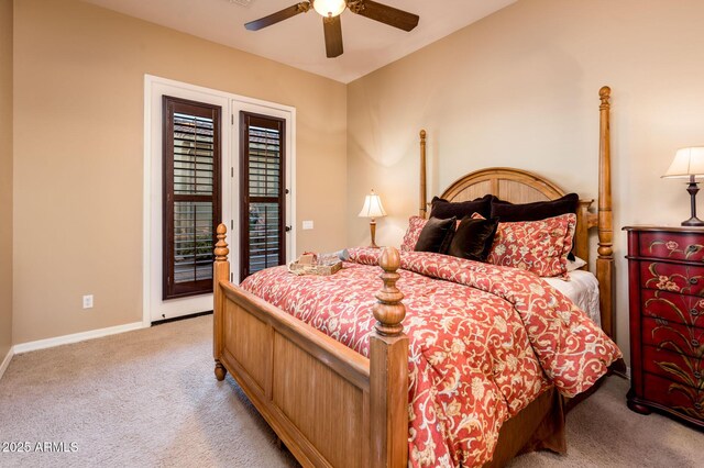 bedroom with ceiling fan, access to exterior, and light colored carpet