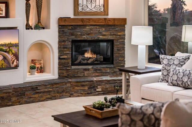 living room with a fireplace