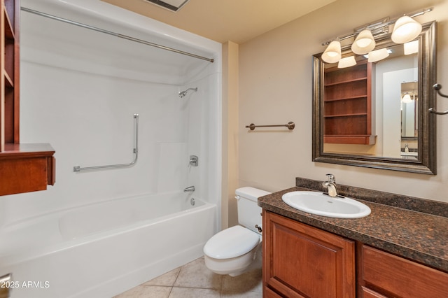 full bathroom featuring washtub / shower combination, tile patterned floors, toilet, and vanity