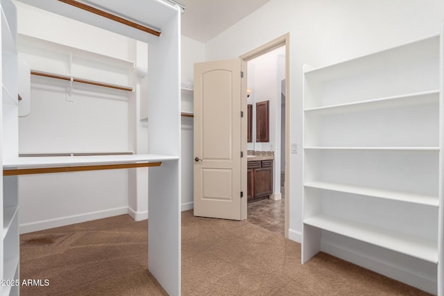 spacious closet featuring light carpet