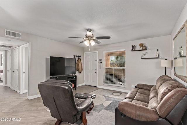 living area featuring a ceiling fan, visible vents, light wood-style flooring, and baseboards