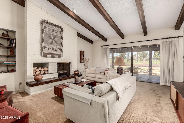 1108 N Oro Vis, Litchfield Park, AZ 85340 - living area featuring light carpet, a textured ceiling, and a large fireplace