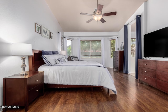 bedroom featuring a ceiling fan, lofted ceiling, and wood finished floors