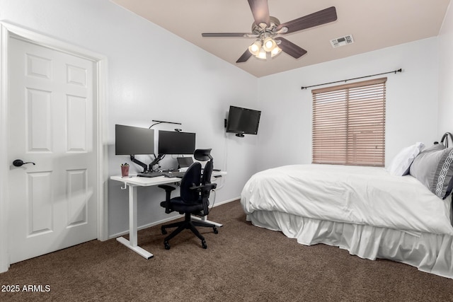 carpeted bedroom featuring visible vents, a ceiling fan, baseboards, and lofted ceiling