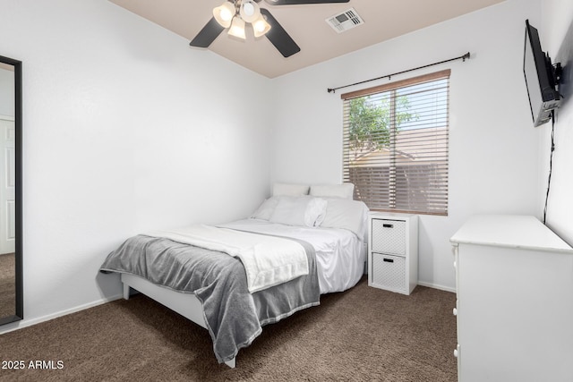 bedroom featuring carpet floors, a ceiling fan, baseboards, and visible vents