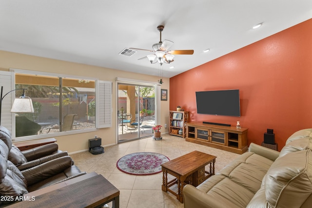 living area featuring tile patterned flooring, recessed lighting, visible vents, and ceiling fan