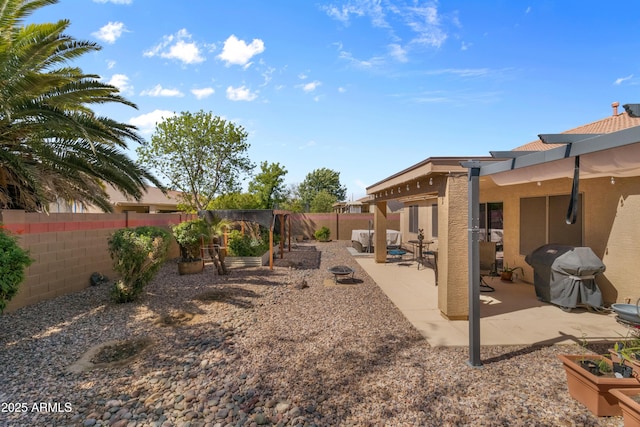 view of yard featuring a vegetable garden, a patio area, and a fenced backyard