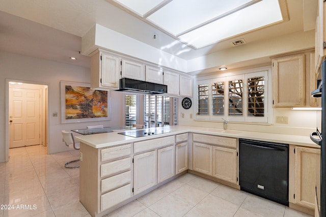 kitchen featuring black appliances, ventilation hood, sink, light tile patterned floors, and kitchen peninsula