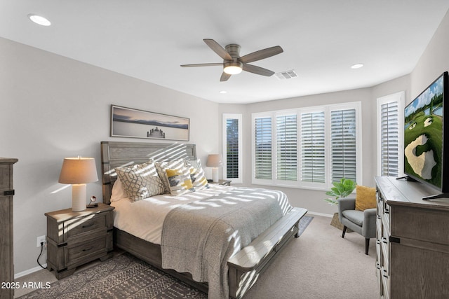 bedroom featuring ceiling fan and carpet flooring