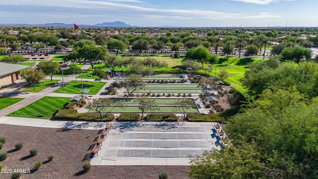 drone / aerial view featuring a mountain view