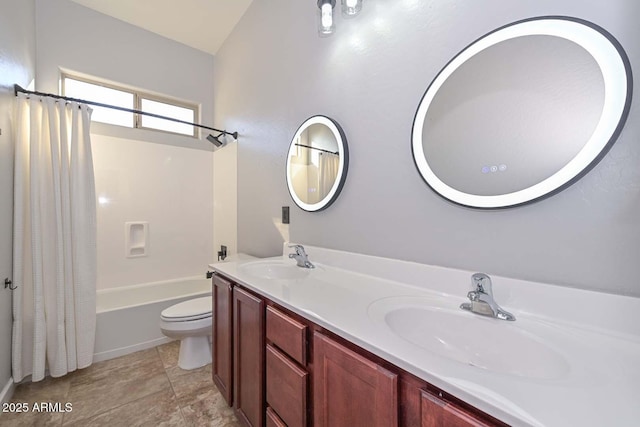 full bathroom featuring vanity, lofted ceiling, toilet, and shower / bath combo with shower curtain