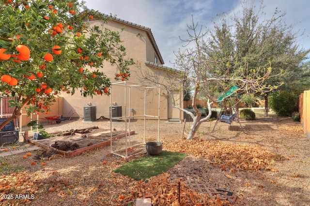 view of yard with central air condition unit and a fenced backyard