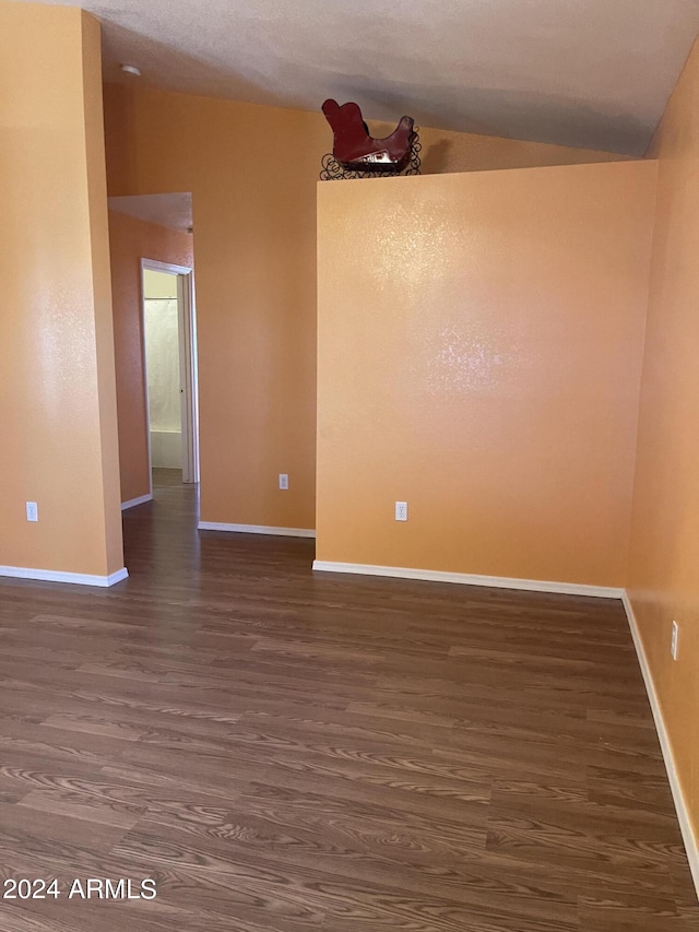 spare room featuring wood-type flooring and lofted ceiling