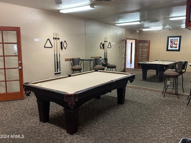 game room featuring carpet flooring, billiards, and ceiling fan