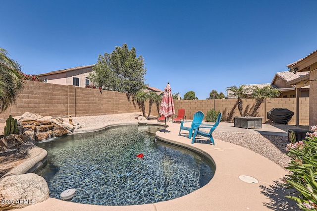 view of pool featuring a fenced backyard, a patio, and a fenced in pool