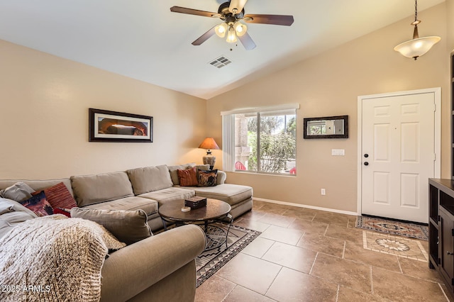 living room with baseboards, ceiling fan, visible vents, and high vaulted ceiling