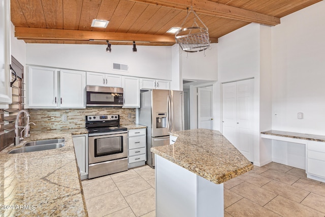 kitchen with wood ceiling, beamed ceiling, sink, white cabinets, and stainless steel appliances