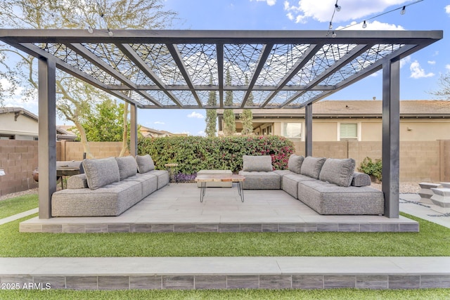 view of patio / terrace featuring outdoor lounge area, a fenced backyard, and a pergola