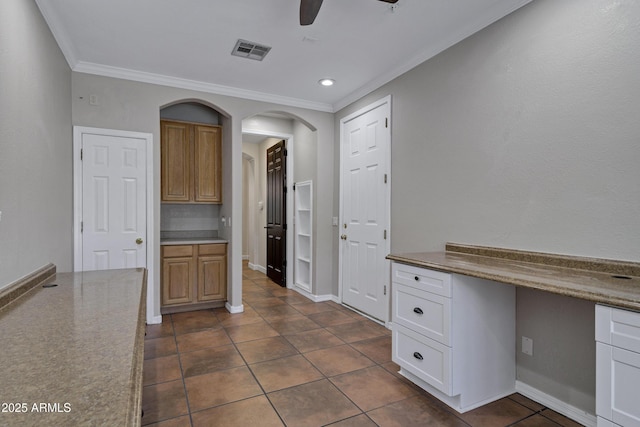 10310 N 135th Way, Scottsdale, AZ 85259 - unfurnished office with crown molding, arched walkways, a ceiling fan, dark tile patterned flooring, and recessed lighting