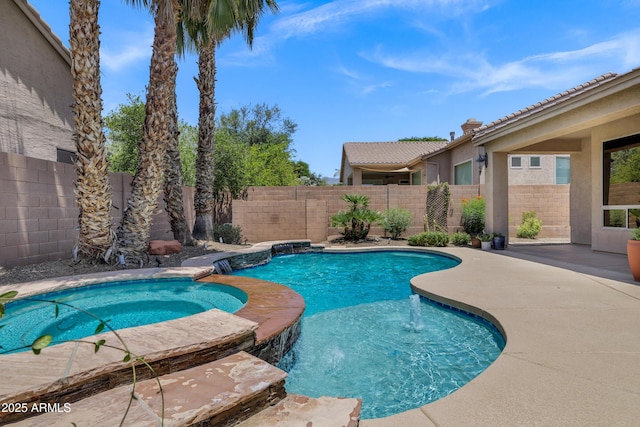 10310 N 135th Way, Scottsdale, AZ 85259 - view of swimming pool featuring a fenced backyard, a patio, and a pool with connected hot tub