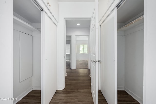 corridor with dark hardwood / wood-style flooring