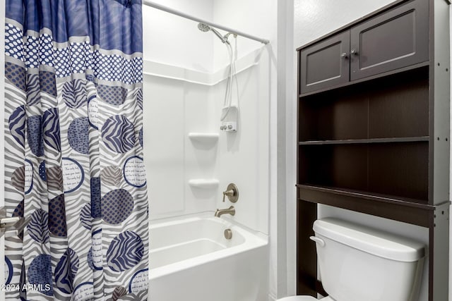 bathroom with toilet and shower / tub combo with curtain