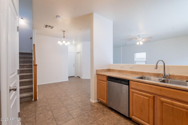 8854 W Aster Dr, Peoria, AZ 85381 - kitchen featuring stainless steel dishwasher, a sink, a chandelier, a ceiling fan, and light countertops