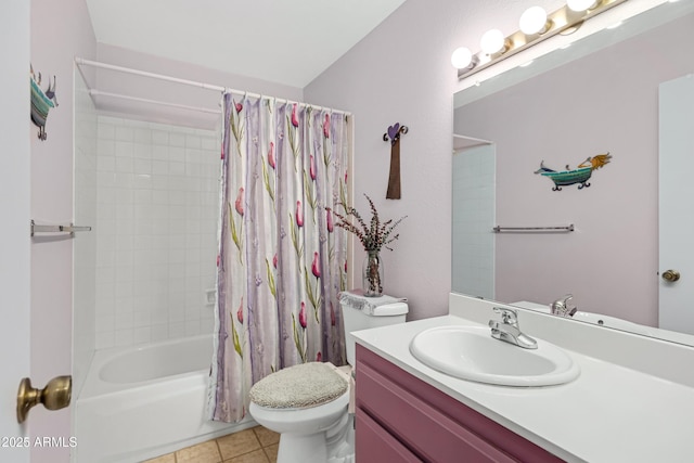 full bathroom with tile patterned flooring, vanity, shower / bath combination with curtain, and toilet