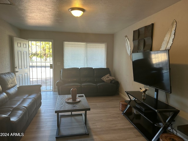 living room featuring hardwood / wood-style floors and a textured ceiling