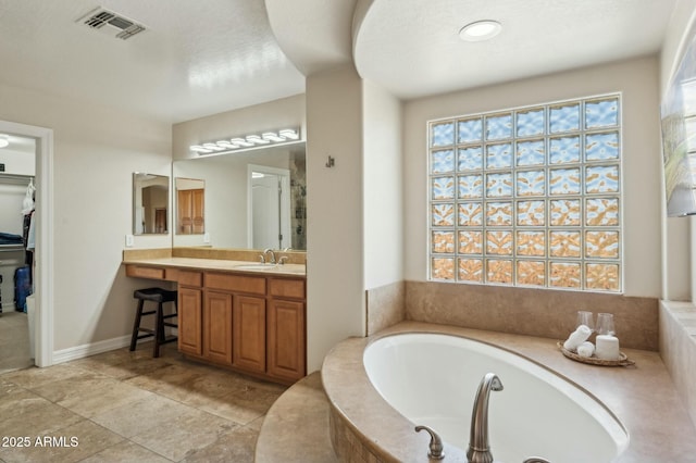 4502 E Night Owl Ln, Cave Creek, AZ 85331 - bathroom featuring baseboards, visible vents, a spacious closet, vanity, and a bath