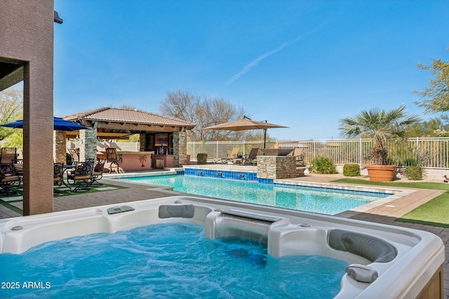 4502 E Night Owl Ln, Cave Creek, AZ 85331 - view of swimming pool with a fenced backyard, a jacuzzi, outdoor dry bar, and a gazebo