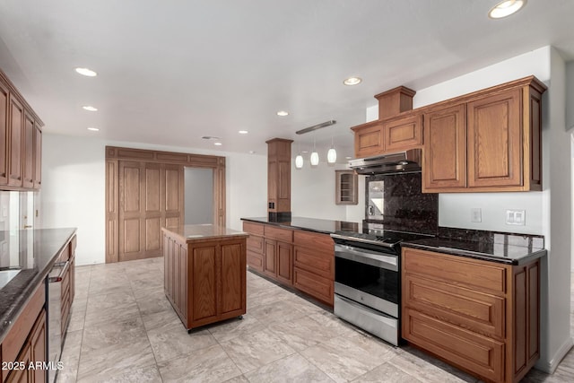 kitchen featuring pendant lighting, backsplash, a kitchen island, and stainless steel range with electric cooktop