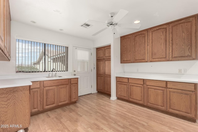 kitchen with ceiling fan, light wood-type flooring, and sink