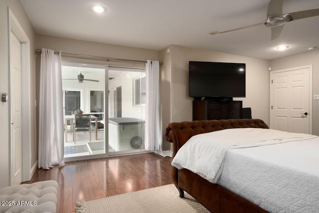 bedroom featuring ceiling fan, access to exterior, and hardwood / wood-style flooring