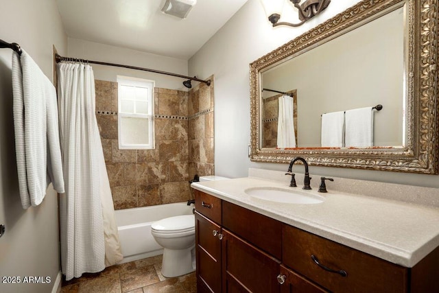 full bathroom featuring toilet, shower / tub combo, and vanity